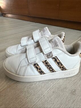 adidas Kids White Sneakers with Leopard-Print Stripes